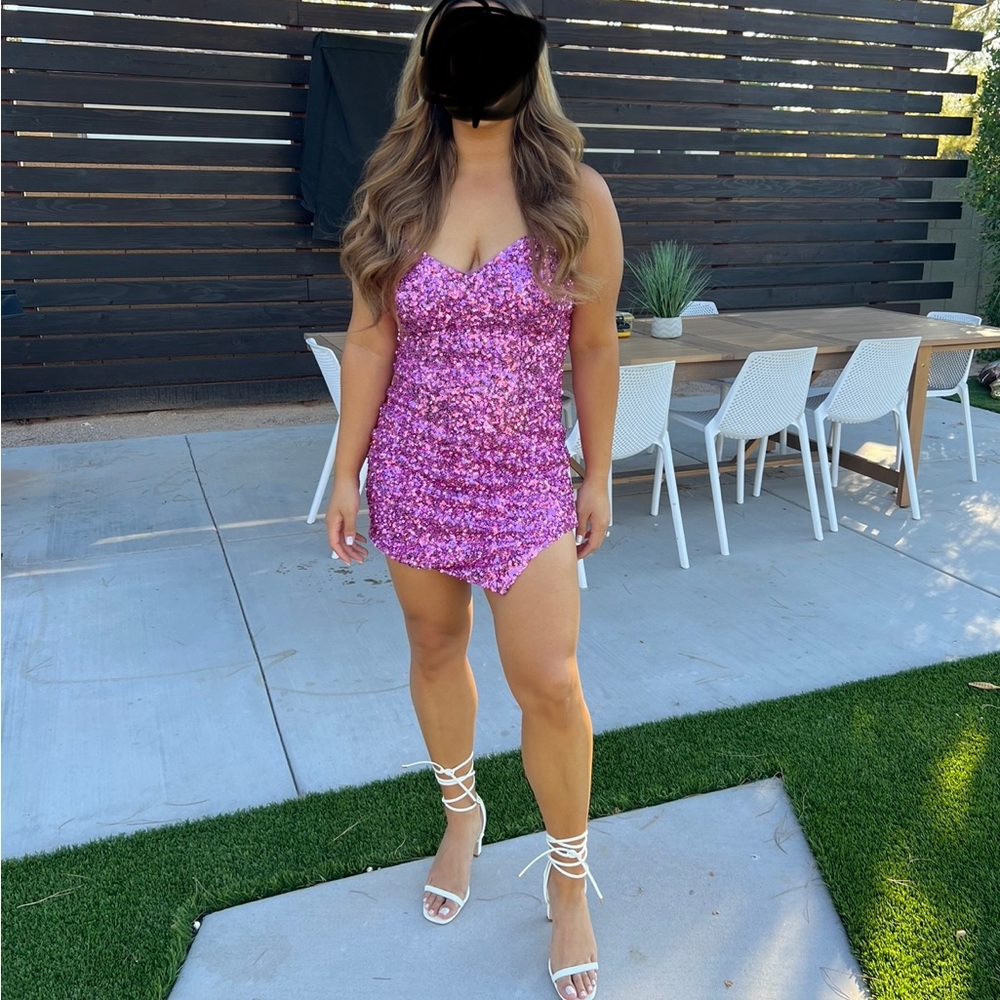 David's Bridal Pink Sequin Mini Dress